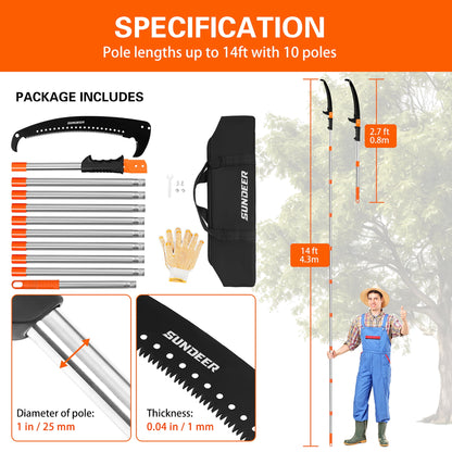 SUNDEER Manual Pole Saw Extendable 10 ft with Stainless Steel Pole & Sharp Steel Blade