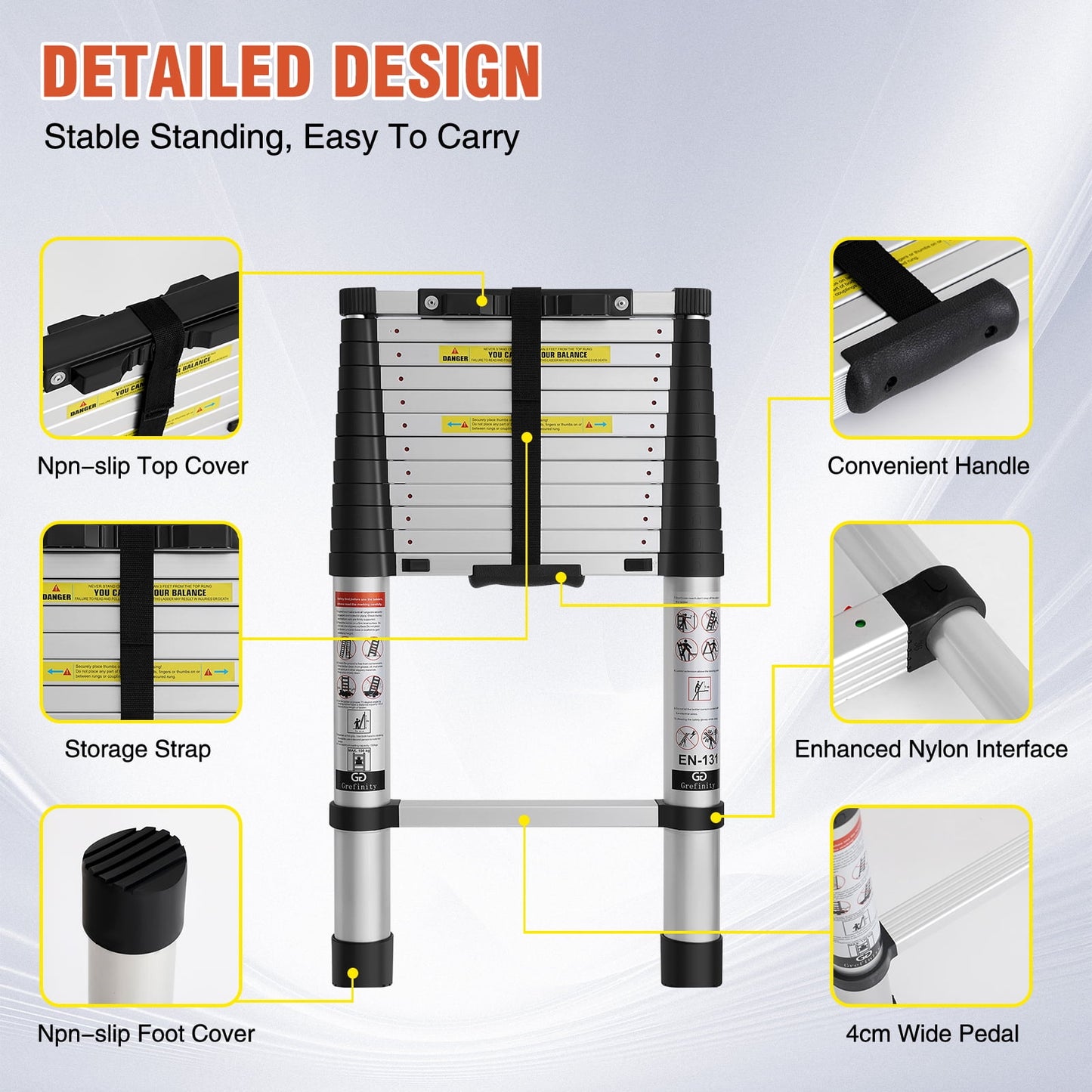 SUNDEER 12.5ft Aluminum Telescoping Ladder 375lbs Load Capacity One Button Retraction Telescopic Extension Ladder