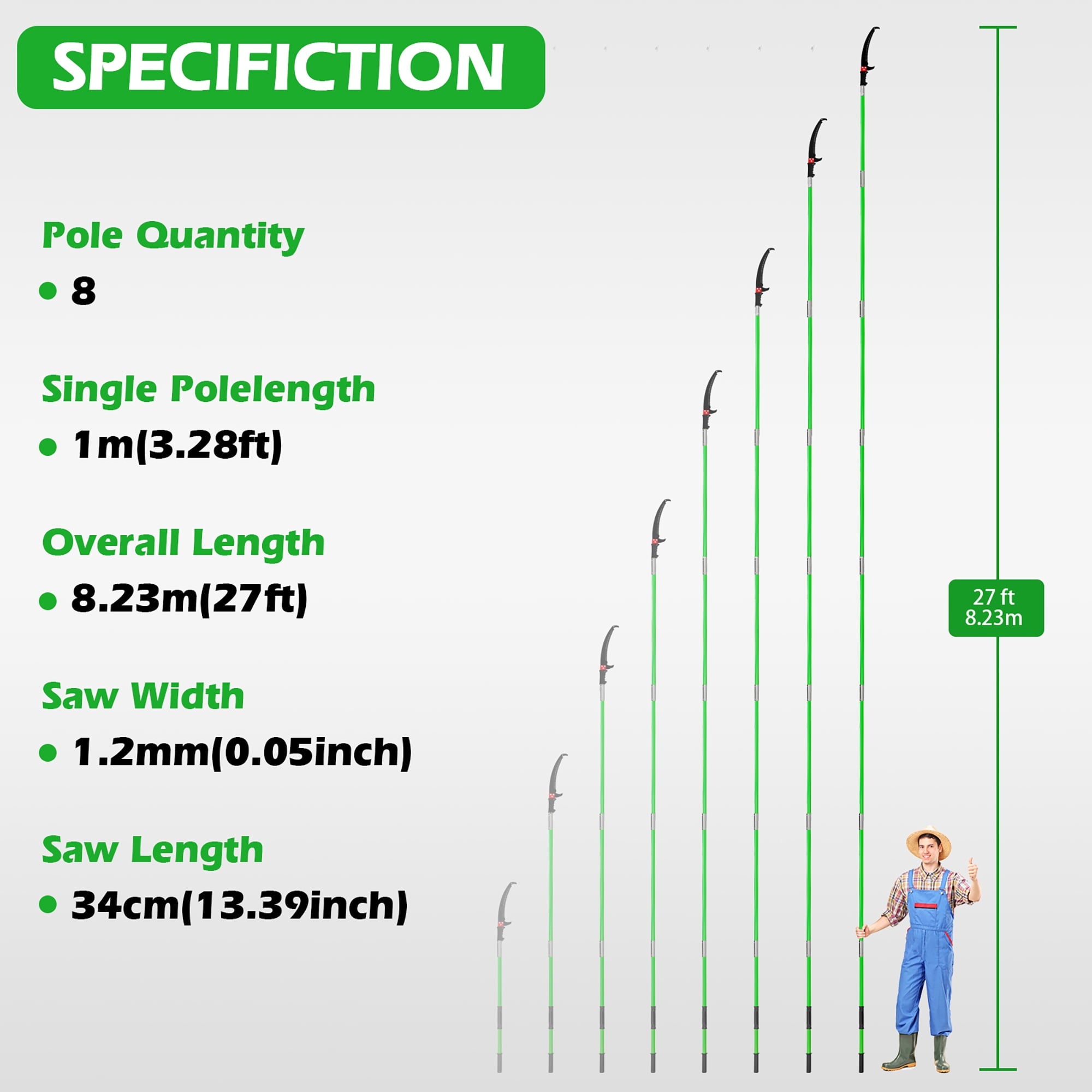 SUNDEER 27ft Manual Pole Saw & Pruner with Fiberglass Pole and Hook Knife – for Trimming Trees, Palms, and Shrubs