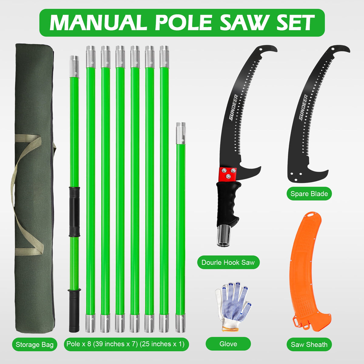 SUNDEER 27ft Manual Pole Saw & Pruner with Fiberglass Pole and Hook Knife – for Trimming Trees, Palms, and Shrubs