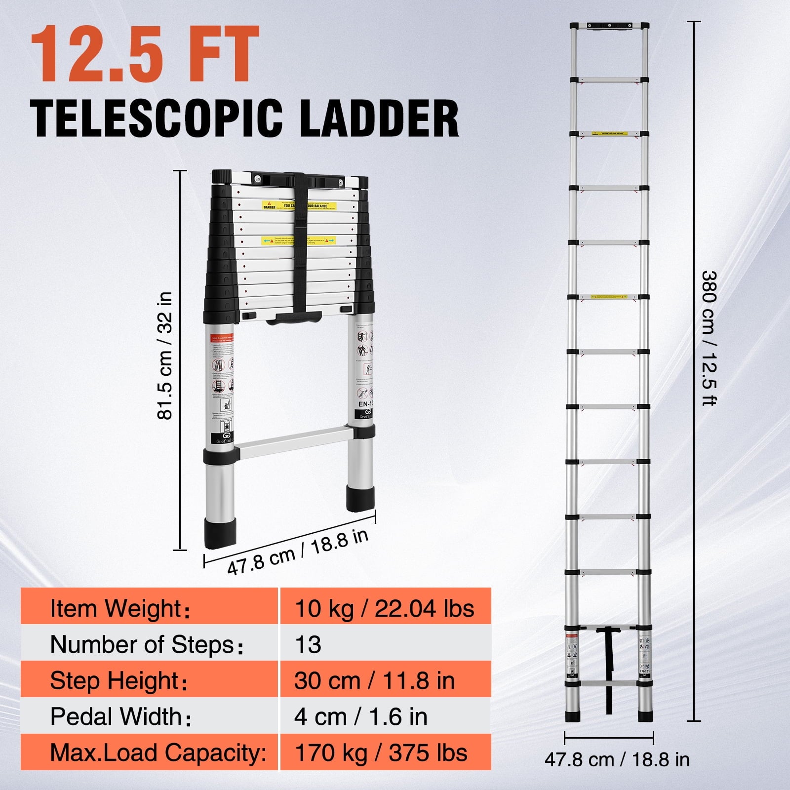 SUNDEER 12.5ft Aluminum Telescoping Ladder 375lbs Load Capacity One Button Retraction Telescopic Extension Ladder