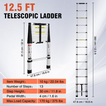 SUNDEER 12.5ft Aluminum Telescoping Ladder 375lbs Load Capacity One Button Retraction Telescopic Extension Ladder